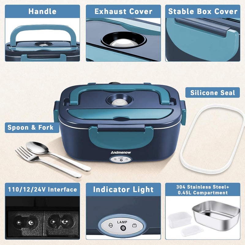 Andmenow Heated Lunch Box for Adults – 80W 1.5L Electric Lunch Box with 12/24/110V, Portable Food Warmer for Work & Travel | Stainless Steel Inner Pot | Lonchera Electrica Portatil para Hombres y Mujeres - Image 5
